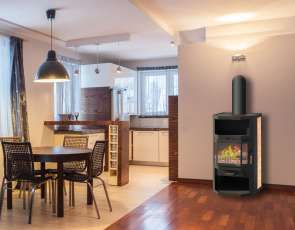 Недорогой стальной камин со стеклом Мета-Бел Ангара фото в интерьере в Гродно