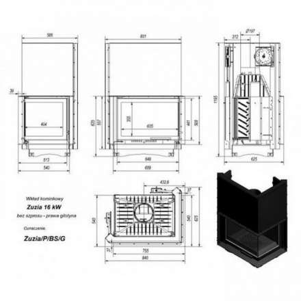 Каминная топка Kratki Zuzia/P/BS/G (угловое стекло справа,гильотина) в Гродно
