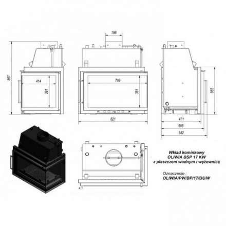 Каминная топка Kratki Oliwia/PW/BP/17/BS/W (угловое стекло справа, змеевик) в Гродно