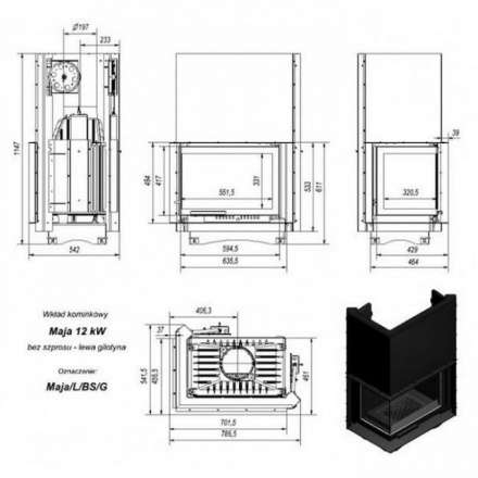 Каминная топка Kratki Maja/L/BS/G (угловое стекло слева, гильотина) в Гродно