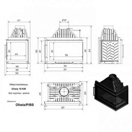 Каминная топка Kratki Oliwia/P/BS (угловое стекло справа) в Гродно