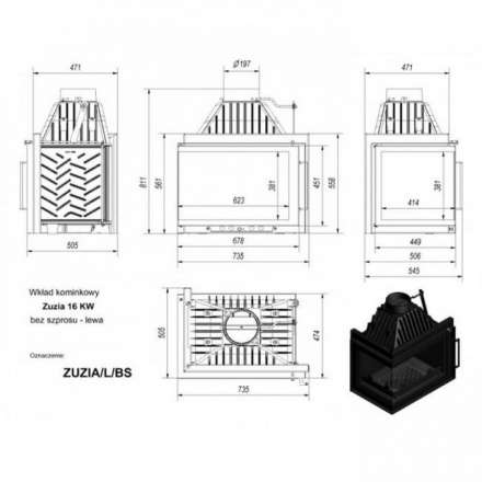 Каминная топка Kratki Zuzia/L/BS (угловое стекло слева) в Гродно