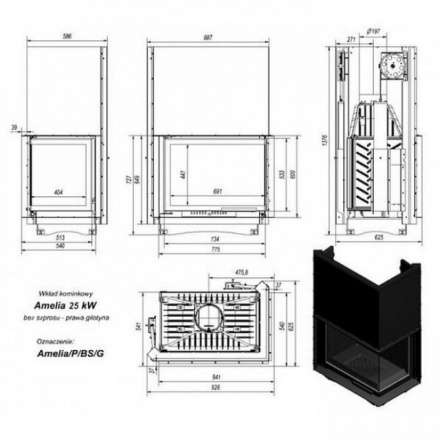 Каминная топка Kratki Amelia/P/BS/G (угловое стекло справа, гильотина) в Гродно